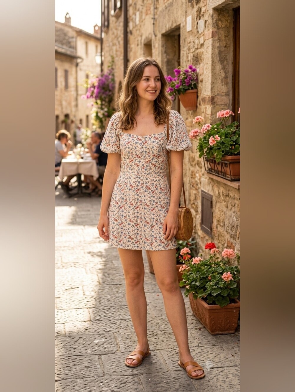 Francesca's Square-Neck Puff Sleeve Mini Dress in White with Red & Blue Floral